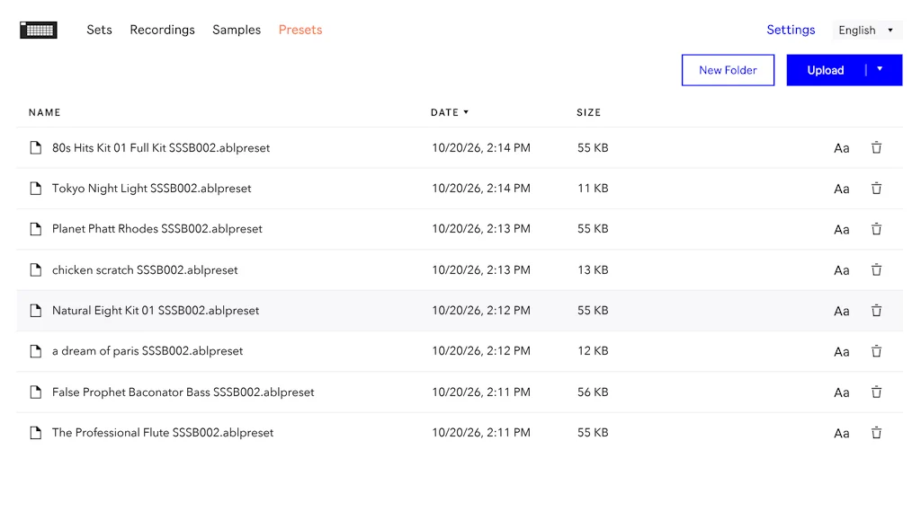 Move Manager's Presets page listing Ableton Move Vol 1 presets, each name ending SSSB002