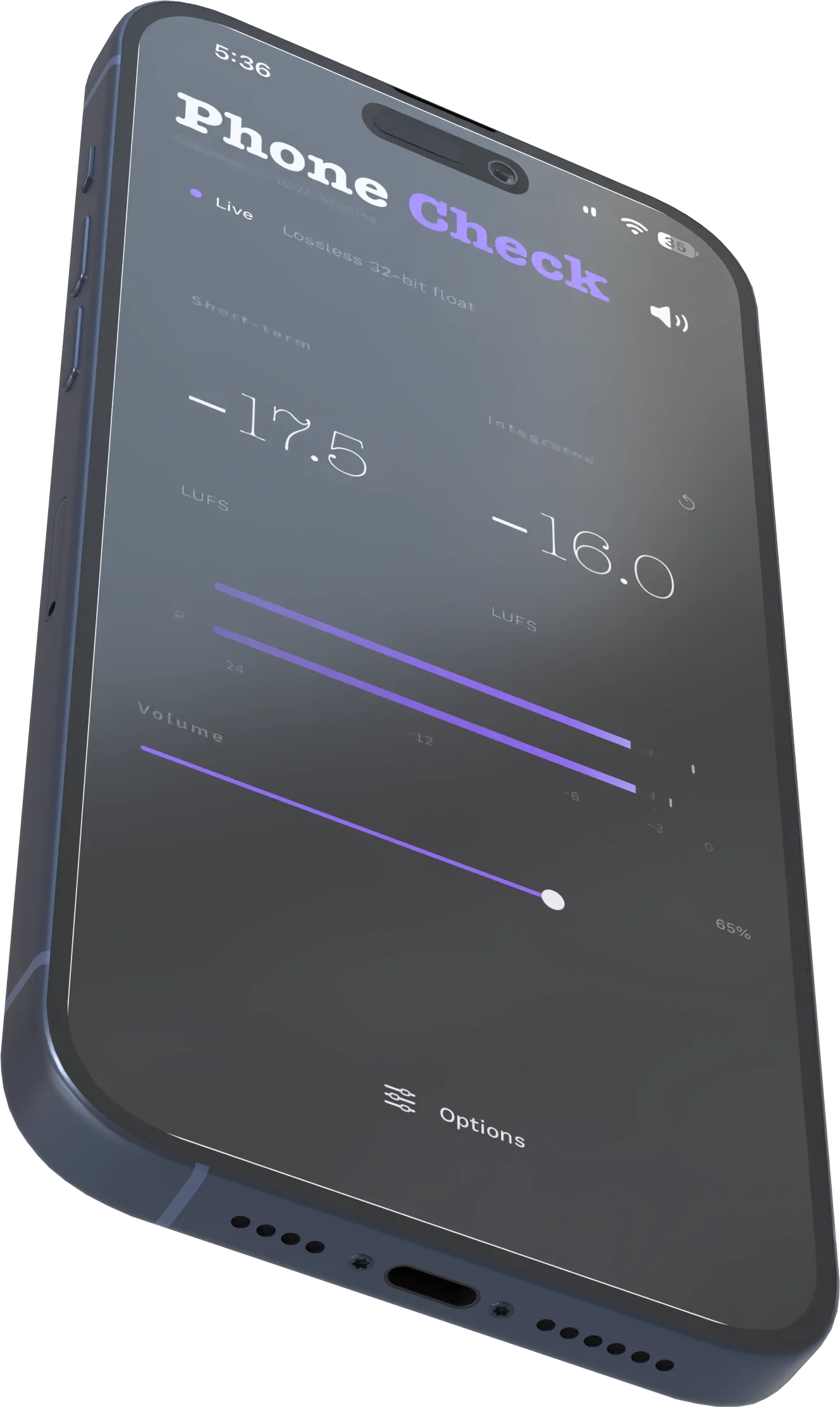 Phone Check on iPhone, live, with short-term and integrated loudness and the meters