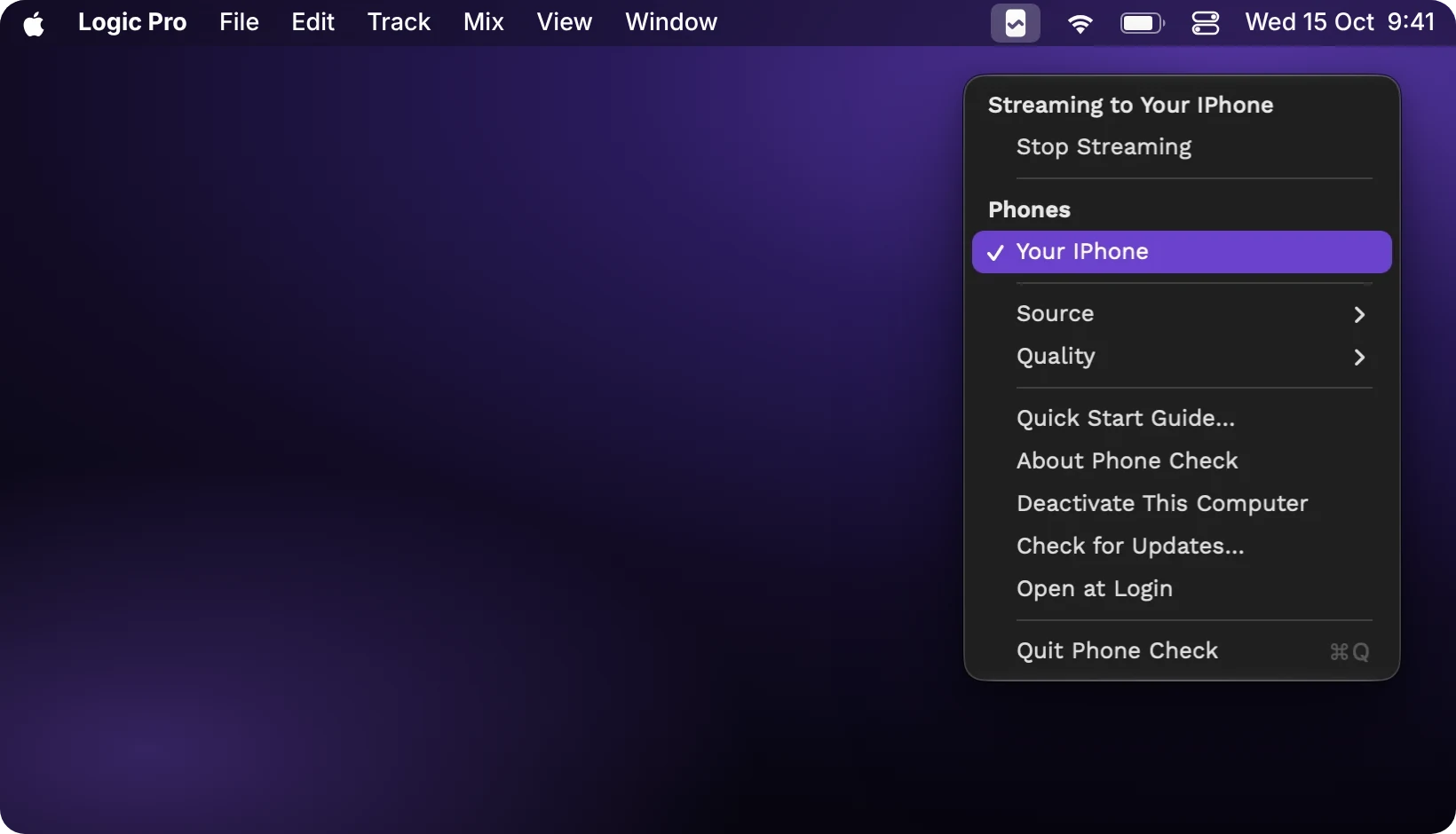 The Mac menu bar with the Phone Check icon open: streaming to your iPhone