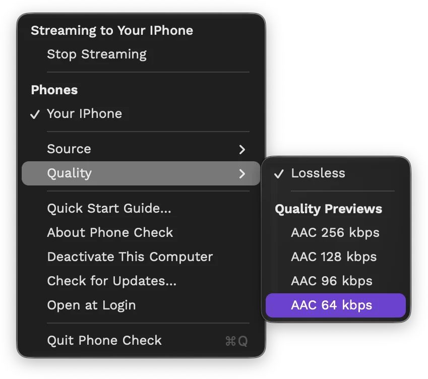 The Quality menu with the AAC 64 kbps preview picked