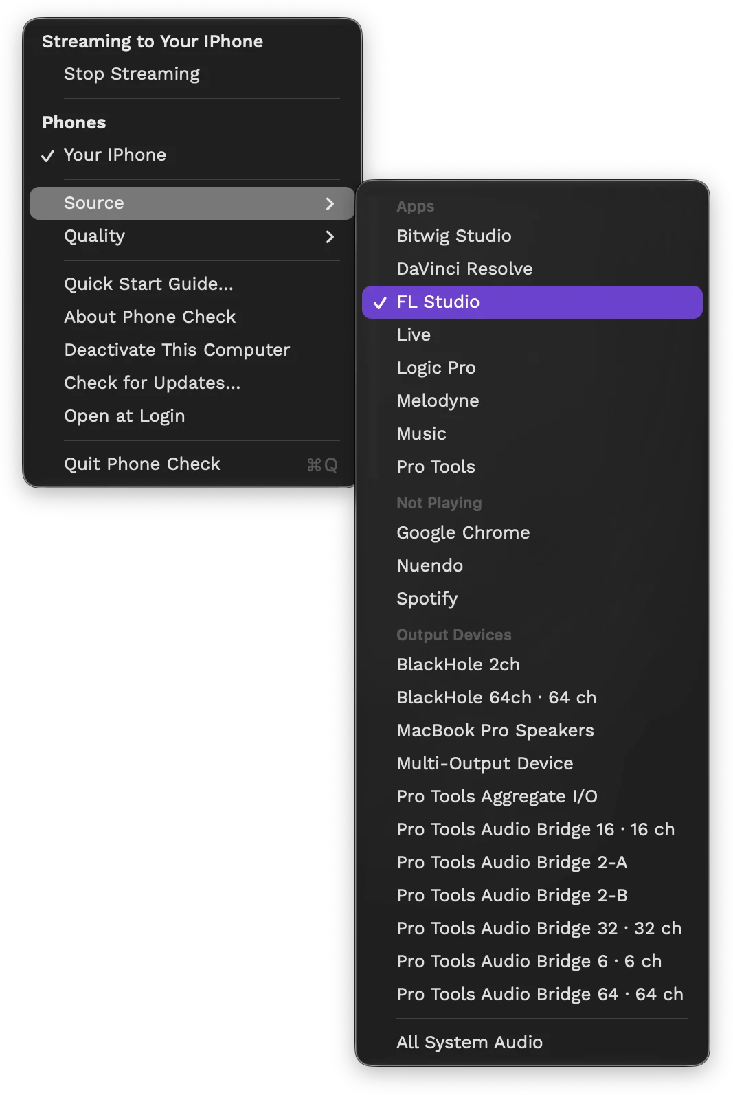 The Source menu: apps like Bitwig Studio, FL Studio, Logic Pro and Pro Tools, and output devices